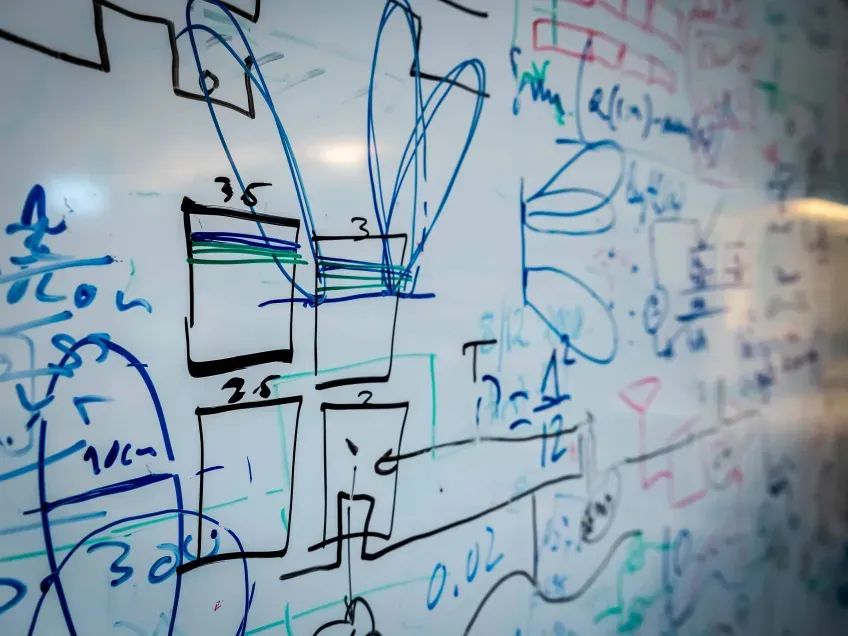 Whiteboard with text. Photo.